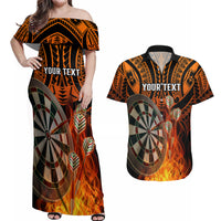 Personalised Polynesian Darts Couples Matching Off Shoulder Maxi Dress and Hawaiian Shirt Fire Burning With Tribal Tattoo - Wonder Print Shop