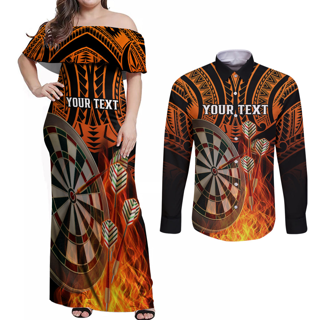 Personalised Polynesian Darts Couples Matching Off Shoulder Maxi Dress and Long Sleeve Button Shirts Fire Burning With Tribal Tattoo - Wonder Print Shop