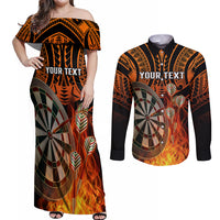 Personalised Polynesian Darts Couples Matching Off Shoulder Maxi Dress and Long Sleeve Button Shirts Fire Burning With Tribal Tattoo - Wonder Print Shop