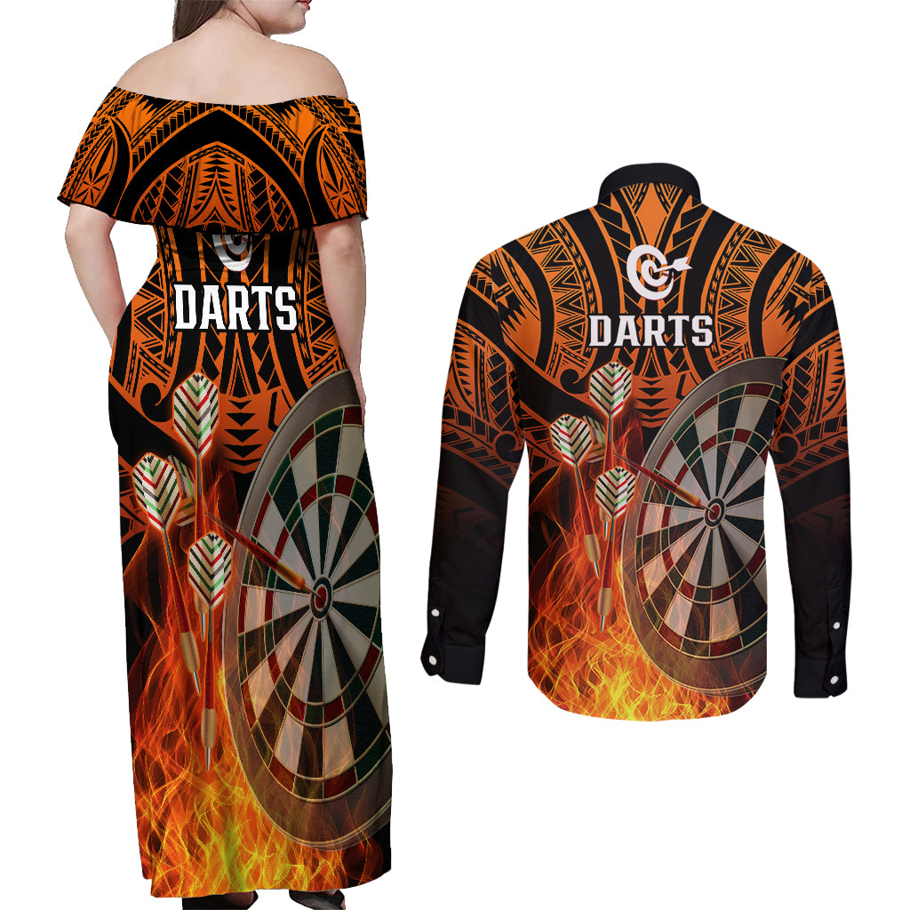 Personalised Polynesian Darts Couples Matching Off Shoulder Maxi Dress and Long Sleeve Button Shirts Fire Burning With Tribal Tattoo - Wonder Print Shop