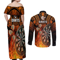 Personalised Polynesian Darts Couples Matching Off Shoulder Maxi Dress and Long Sleeve Button Shirts Fire Burning With Tribal Tattoo - Wonder Print Shop