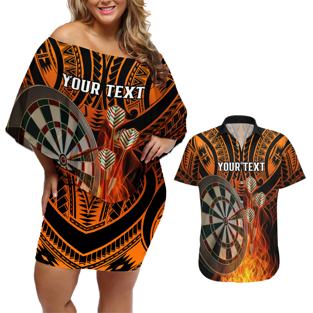 Personalised Polynesian Darts Couples Matching Off Shoulder Short Dress and Hawaiian Shirt Fire Burning With Tribal Tattoo - Wonder Print Shop