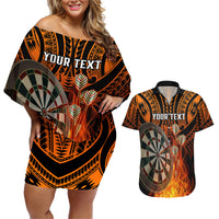 Personalised Polynesian Darts Couples Matching Off Shoulder Short Dress and Hawaiian Shirt Fire Burning With Tribal Tattoo - Wonder Print Shop