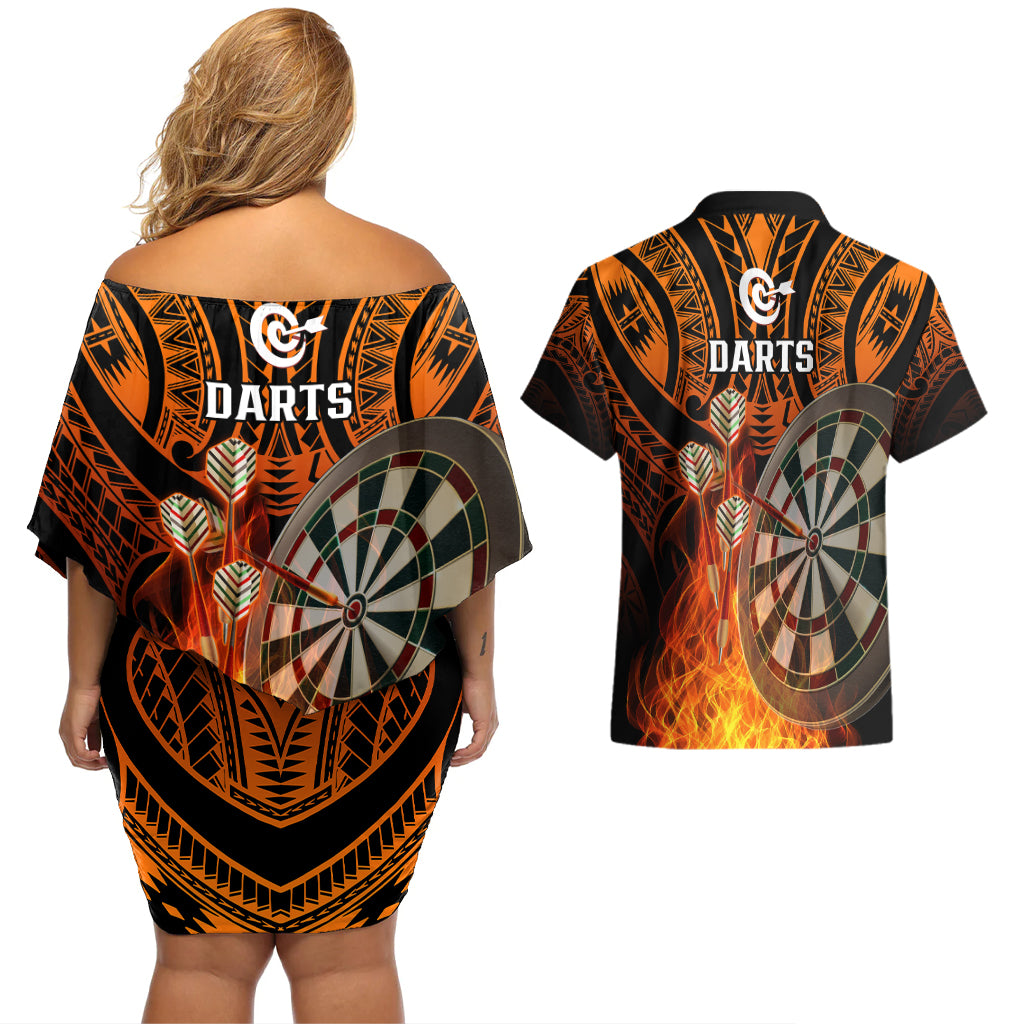 Personalised Polynesian Darts Couples Matching Off Shoulder Short Dress and Hawaiian Shirt Fire Burning With Tribal Tattoo - Wonder Print Shop