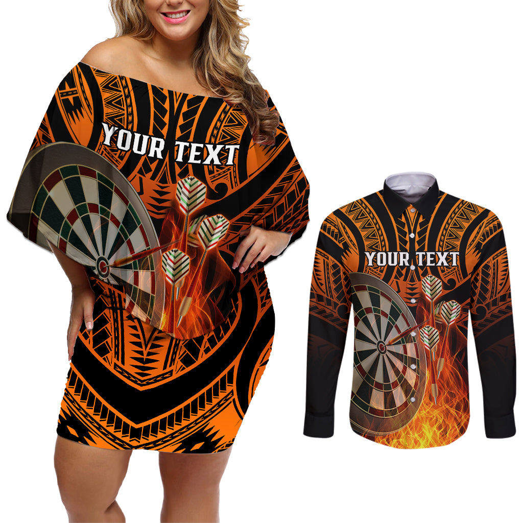 Personalised Polynesian Darts Couples Matching Off Shoulder Short Dress and Long Sleeve Button Shirts Fire Burning With Tribal Tattoo - Wonder Print Shop