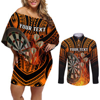 Personalised Polynesian Darts Couples Matching Off Shoulder Short Dress and Long Sleeve Button Shirts Fire Burning With Tribal Tattoo - Wonder Print Shop
