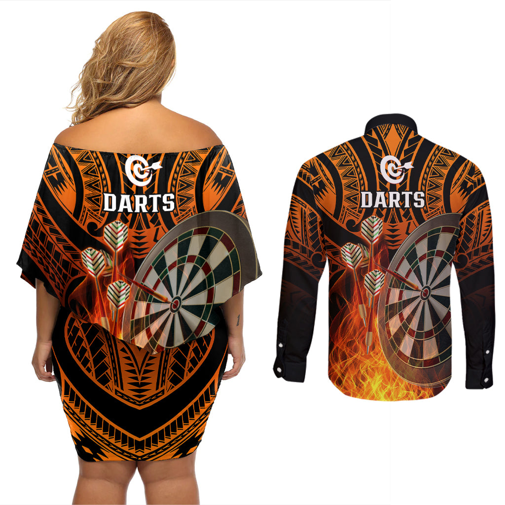 Personalised Polynesian Darts Couples Matching Off Shoulder Short Dress and Long Sleeve Button Shirts Fire Burning With Tribal Tattoo - Wonder Print Shop