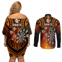 Personalised Polynesian Darts Couples Matching Off Shoulder Short Dress and Long Sleeve Button Shirts Fire Burning With Tribal Tattoo - Wonder Print Shop