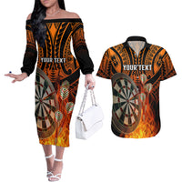 Personalised Polynesian Darts Couples Matching Off The Shoulder Long Sleeve Dress and Hawaiian Shirt Fire Burning With Tribal Tattoo - Wonder Print Shop