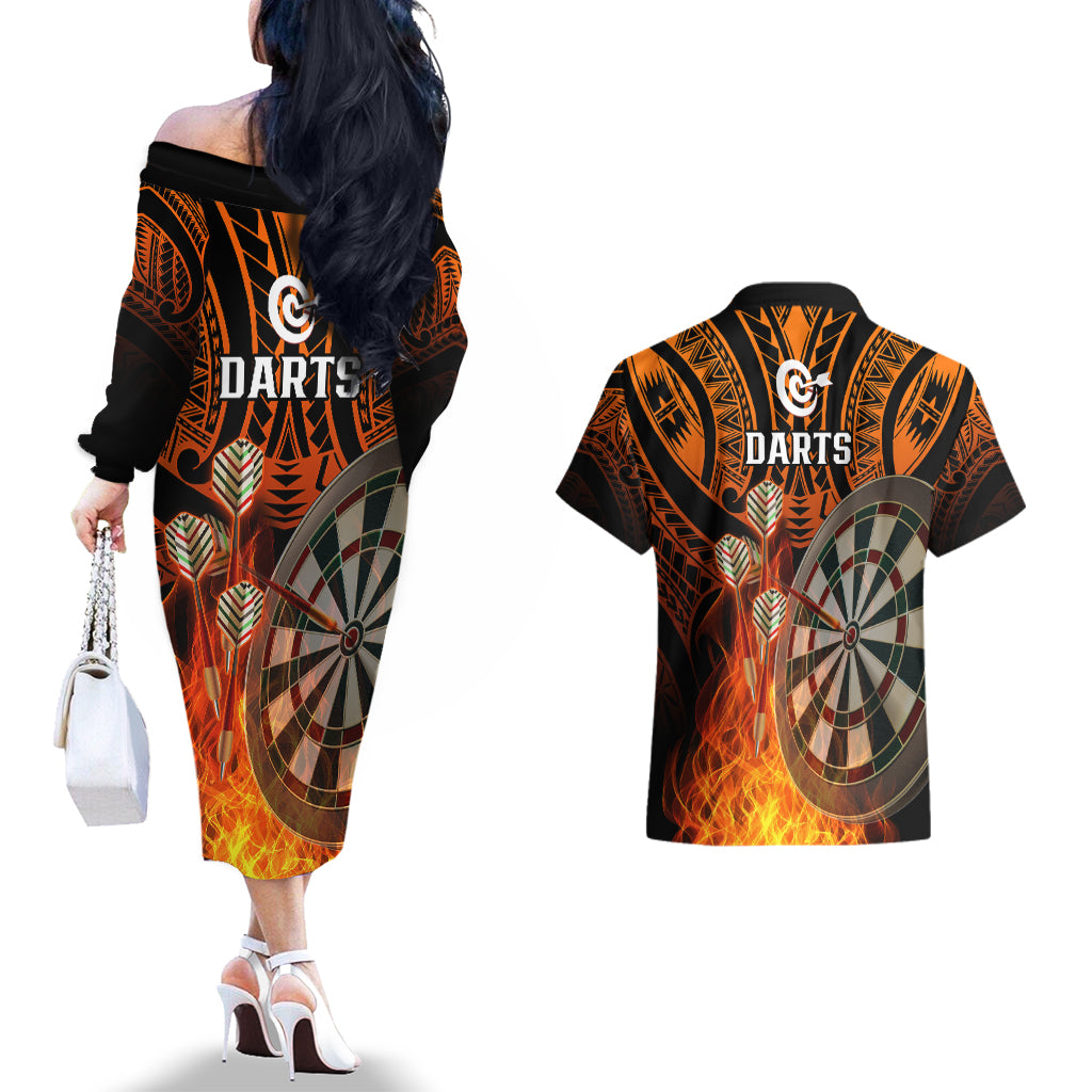 Personalised Polynesian Darts Couples Matching Off The Shoulder Long Sleeve Dress and Hawaiian Shirt Fire Burning With Tribal Tattoo - Wonder Print Shop
