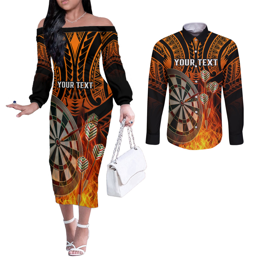 personalised-polynesian-darts-couples-matching-off-the-shoulder-long-sleeve-dress-and-long-sleeve-button-shirts-fire-burning-with-tribal-tattoo
