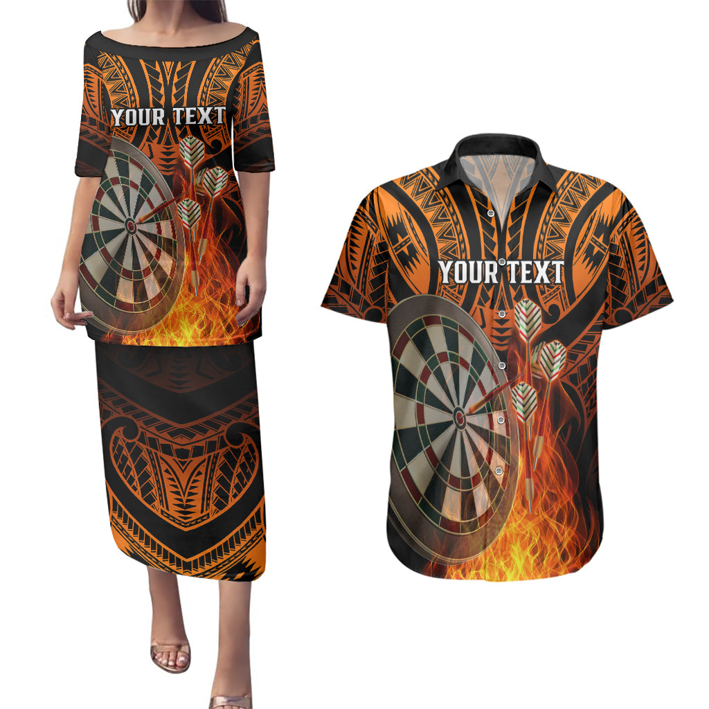 Personalised Polynesian Darts Couples Matching Puletasi Dress and Hawaiian Shirt Fire Burning With Tribal Tattoo - Wonder Print Shop