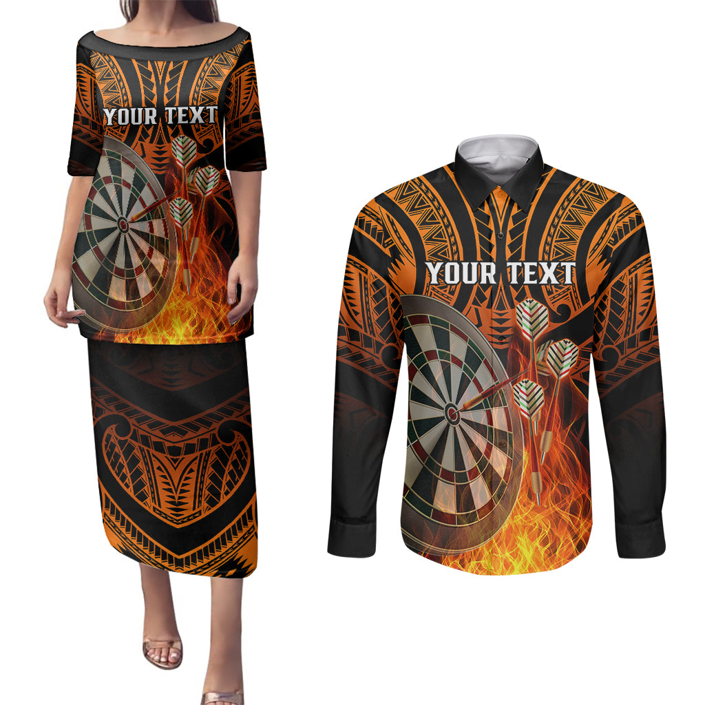 Personalised Polynesian Darts Couples Matching Puletasi Dress and Long Sleeve Button Shirts Fire Burning With Tribal Tattoo - Wonder Print Shop