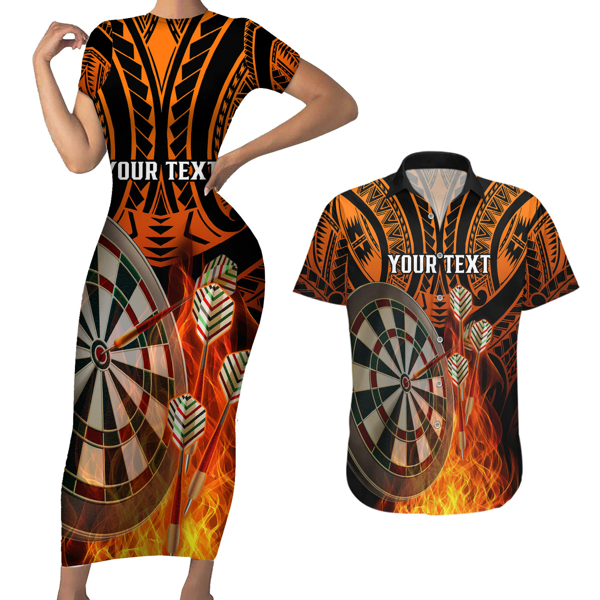 Personalised Polynesian Darts Couples Matching Short Sleeve Bodycon Dress and Hawaiian Shirt Fire Burning With Tribal Tattoo - Wonder Print Shop
