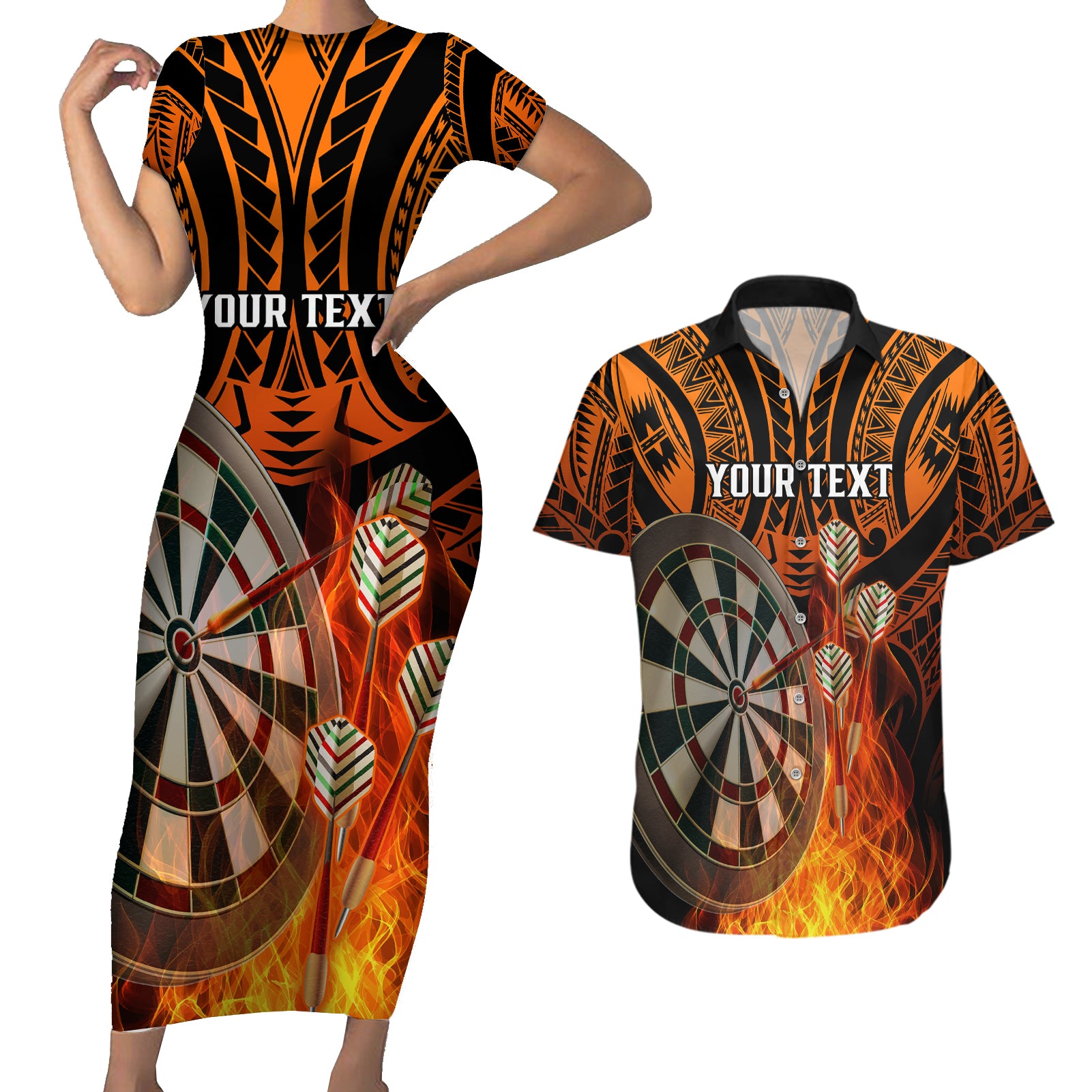 Personalised Polynesian Darts Couples Matching Short Sleeve Bodycon Dress and Hawaiian Shirt Fire Burning With Tribal Tattoo - Wonder Print Shop