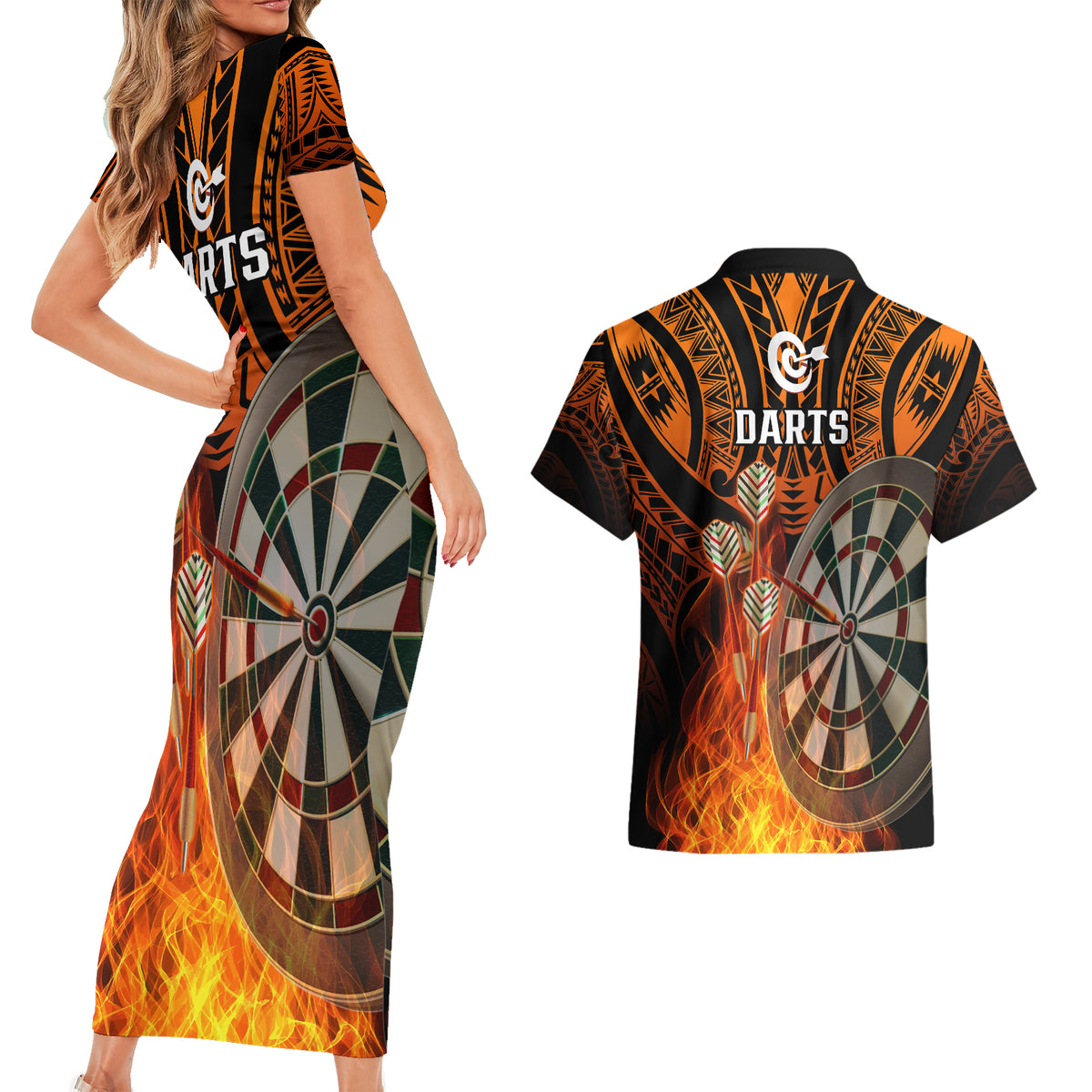 Personalised Polynesian Darts Couples Matching Short Sleeve Bodycon Dress and Hawaiian Shirt Fire Burning With Tribal Tattoo - Wonder Print Shop