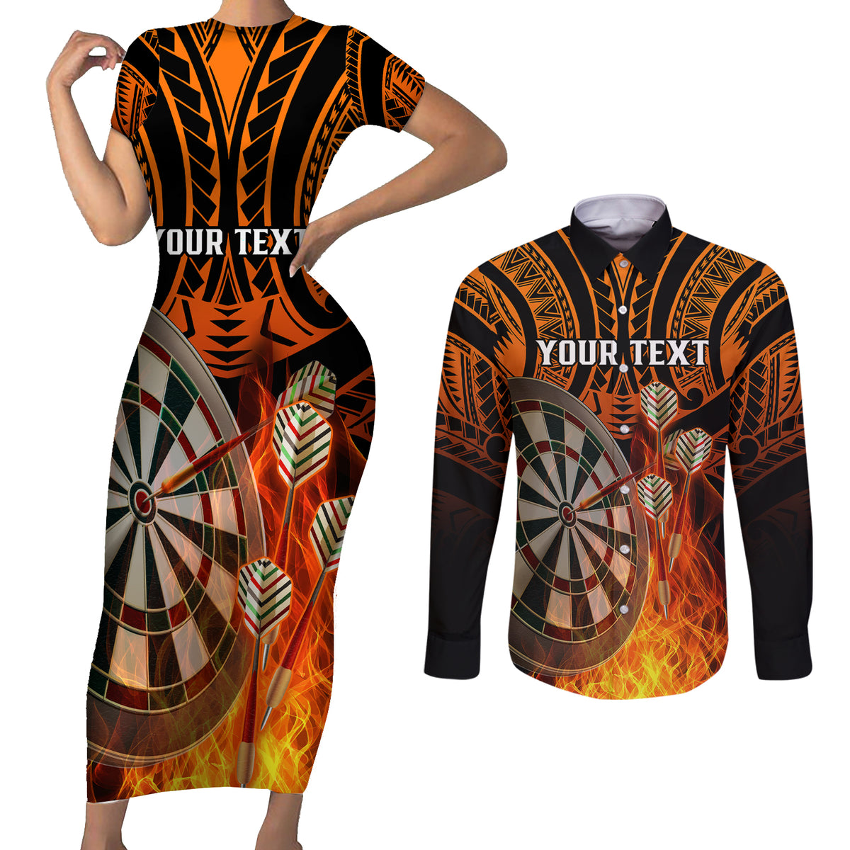 Personalised Polynesian Darts Couples Matching Short Sleeve Bodycon Dress and Long Sleeve Button Shirts Fire Burning With Tribal Tattoo - Wonder Print Shop