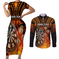 Personalised Polynesian Darts Couples Matching Short Sleeve Bodycon Dress and Long Sleeve Button Shirts Fire Burning With Tribal Tattoo - Wonder Print Shop