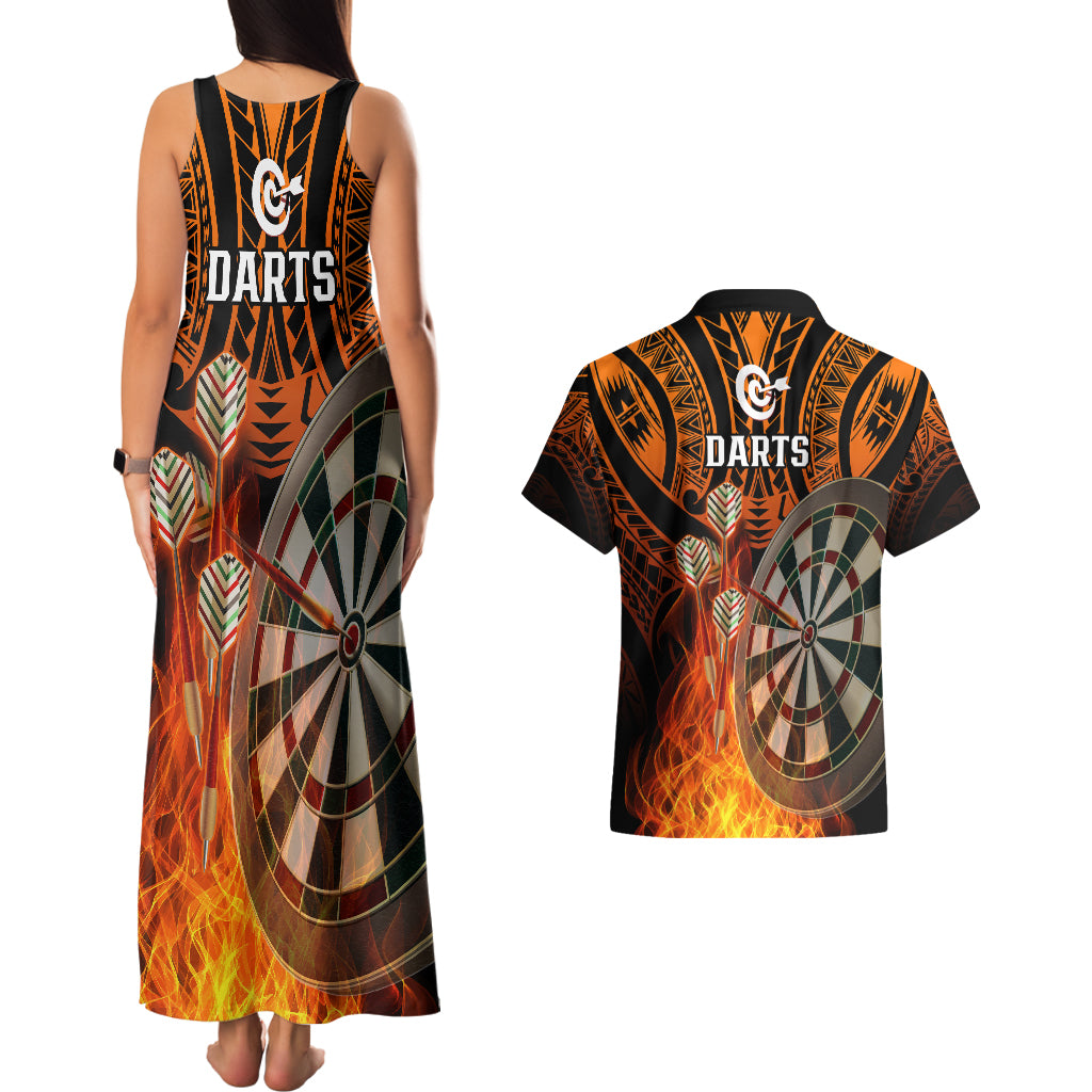 Personalised Polynesian Darts Couples Matching Tank Maxi Dress and Hawaiian Shirt Fire Burning With Tribal Tattoo - Wonder Print Shop