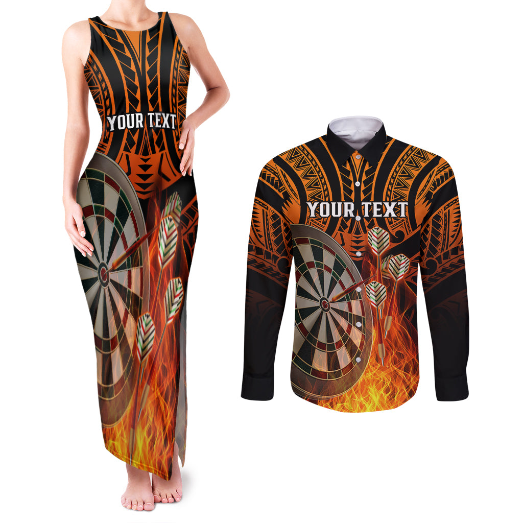 Personalised Polynesian Darts Couples Matching Tank Maxi Dress and Long Sleeve Button Shirts Fire Burning With Tribal Tattoo - Wonder Print Shop