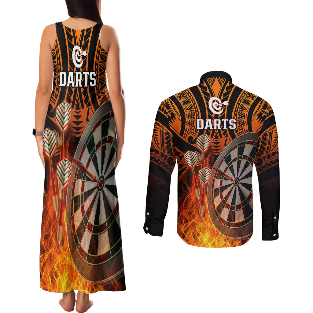 Personalised Polynesian Darts Couples Matching Tank Maxi Dress and Long Sleeve Button Shirts Fire Burning With Tribal Tattoo - Wonder Print Shop