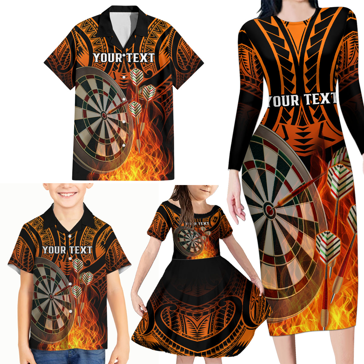 Personalised Polynesian Darts Family Matching Long Sleeve Bodycon Dress and Hawaiian Shirt Fire Burning With Tribal Tattoo - Wonder Print Shop