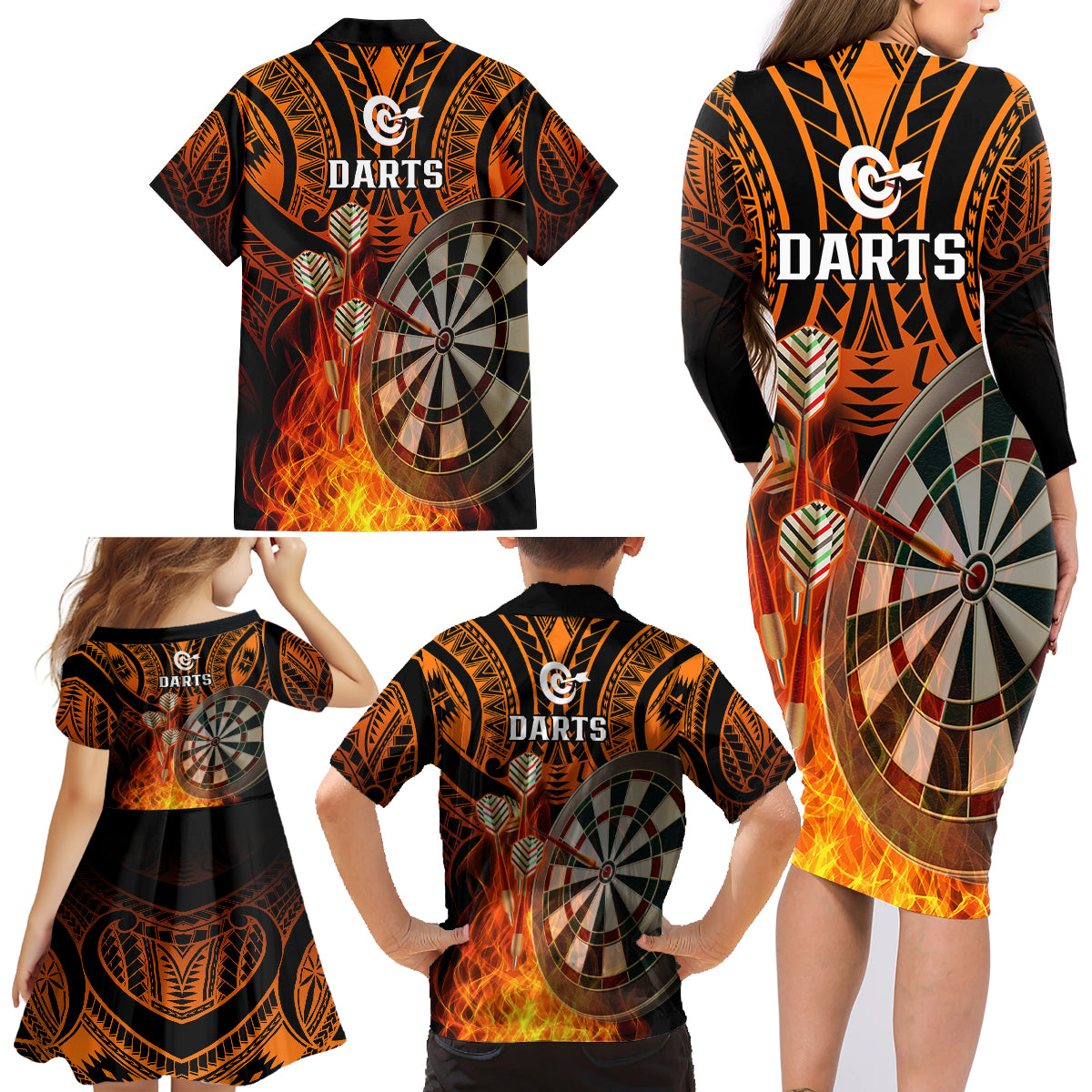 Personalised Polynesian Darts Family Matching Long Sleeve Bodycon Dress and Hawaiian Shirt Fire Burning With Tribal Tattoo - Wonder Print Shop