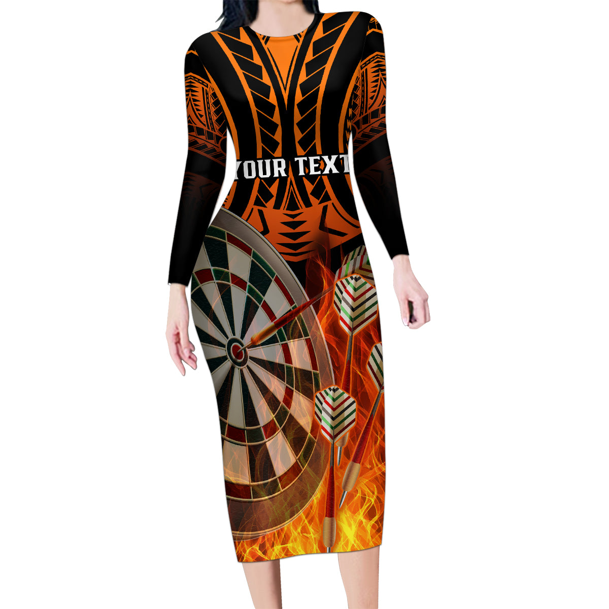 Personalised Polynesian Darts Family Matching Long Sleeve Bodycon Dress and Hawaiian Shirt Fire Burning With Tribal Tattoo - Wonder Print Shop