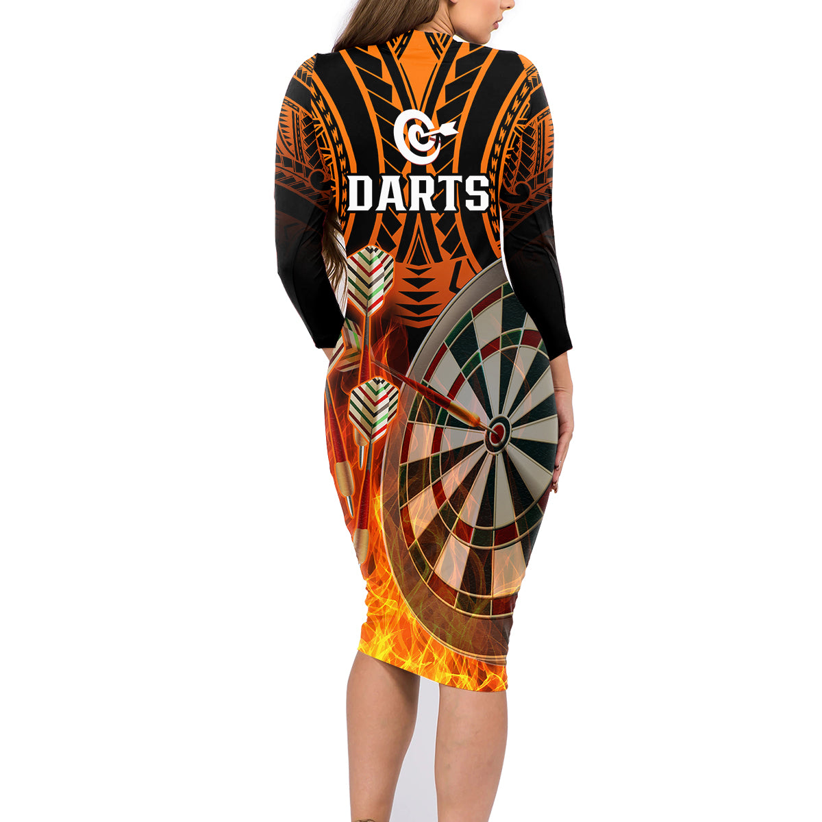 Personalised Polynesian Darts Family Matching Long Sleeve Bodycon Dress and Hawaiian Shirt Fire Burning With Tribal Tattoo - Wonder Print Shop