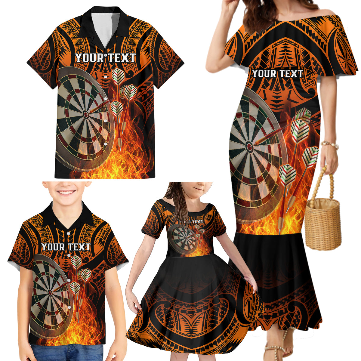 Personalised Polynesian Darts Family Matching Mermaid Dress and Hawaiian Shirt Fire Burning With Tribal Tattoo - Wonder Print Shop