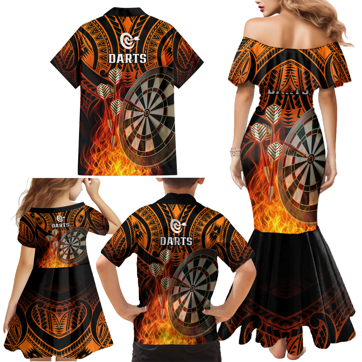 Personalised Polynesian Darts Family Matching Mermaid Dress and Hawaiian Shirt Fire Burning With Tribal Tattoo - Wonder Print Shop