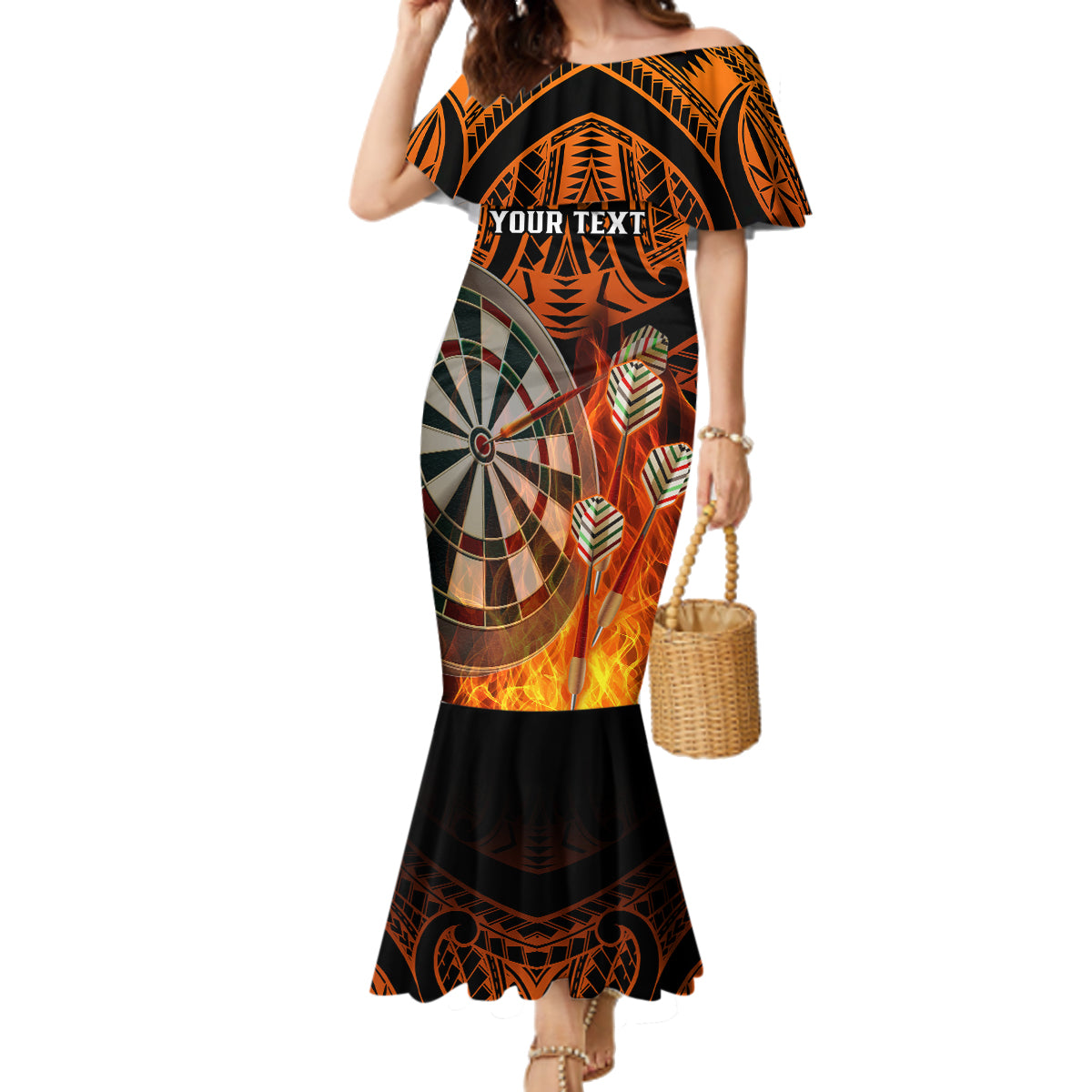 Personalised Polynesian Darts Family Matching Mermaid Dress and Hawaiian Shirt Fire Burning With Tribal Tattoo - Wonder Print Shop