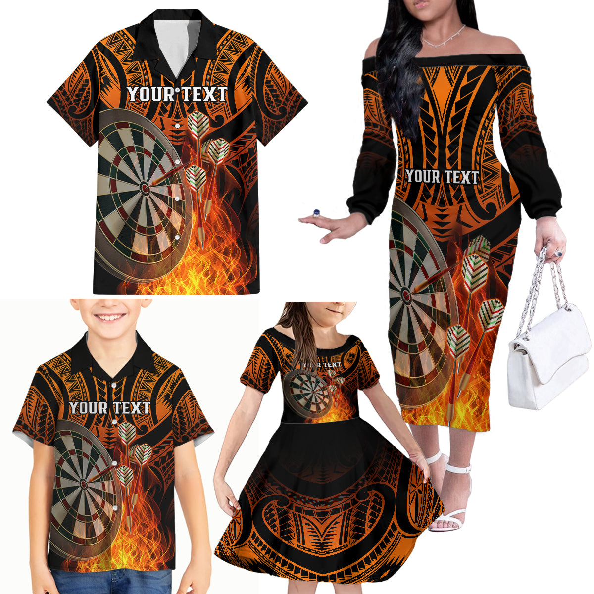 Personalised Polynesian Darts Family Matching Off Shoulder Long Sleeve Dress and Hawaiian Shirt Fire Burning With Tribal Tattoo - Wonder Print Shop