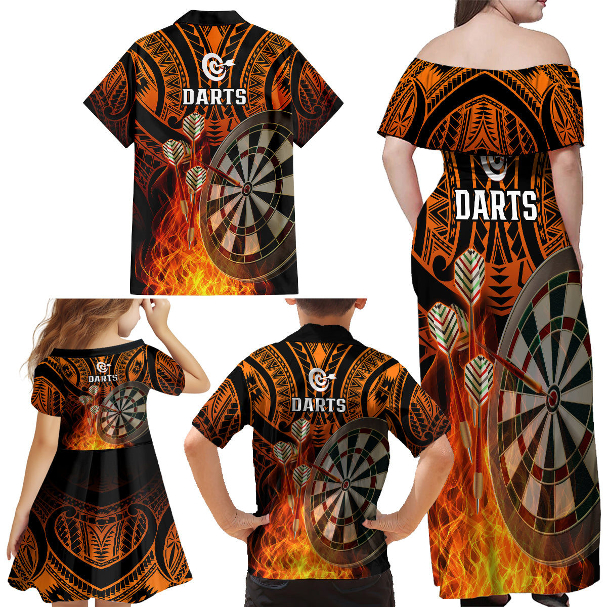 Personalised Polynesian Darts Family Matching Off Shoulder Long Sleeve Dress and Hawaiian Shirt Fire Burning With Tribal Tattoo - Wonder Print Shop