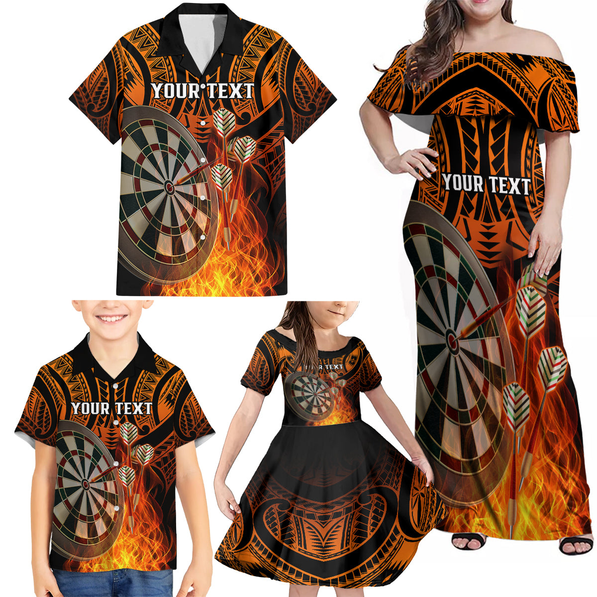 Personalised Polynesian Darts Family Matching Off Shoulder Maxi Dress and Hawaiian Shirt Fire Burning With Tribal Tattoo - Wonder Print Shop