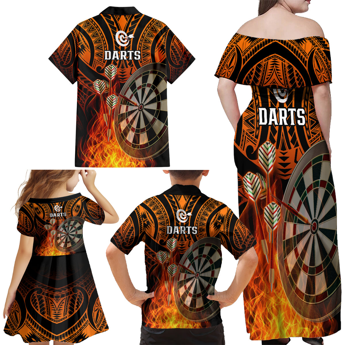 Personalised Polynesian Darts Family Matching Off Shoulder Maxi Dress and Hawaiian Shirt Fire Burning With Tribal Tattoo - Wonder Print Shop