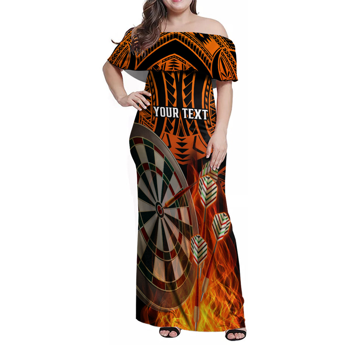 Personalised Polynesian Darts Family Matching Off Shoulder Maxi Dress and Hawaiian Shirt Fire Burning With Tribal Tattoo - Wonder Print Shop