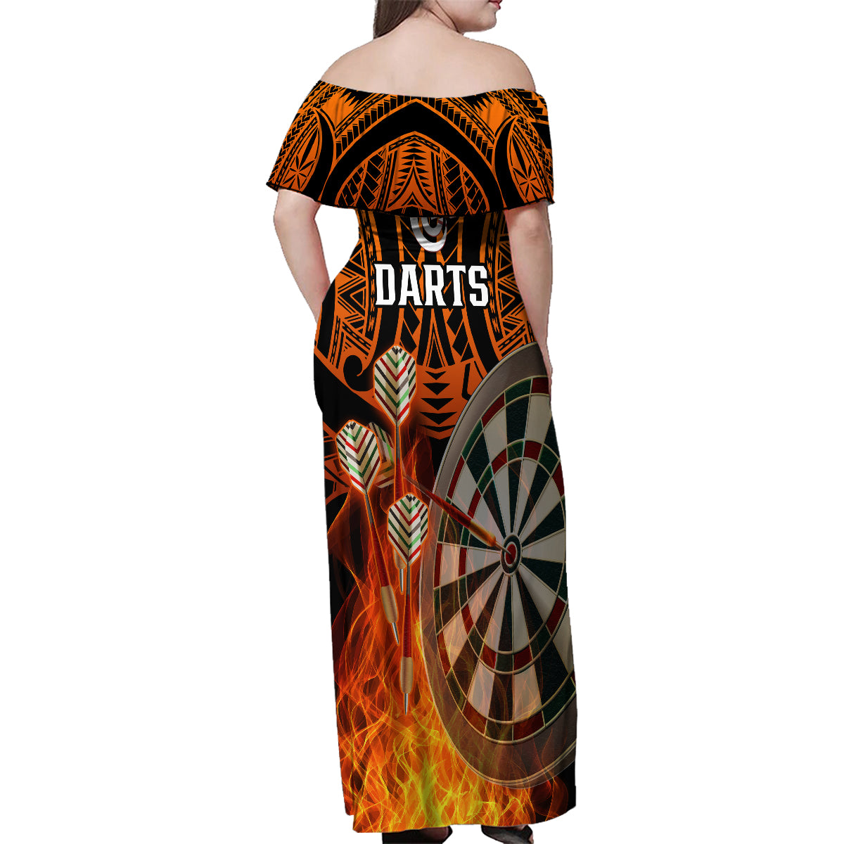 Personalised Polynesian Darts Family Matching Off Shoulder Maxi Dress and Hawaiian Shirt Fire Burning With Tribal Tattoo - Wonder Print Shop