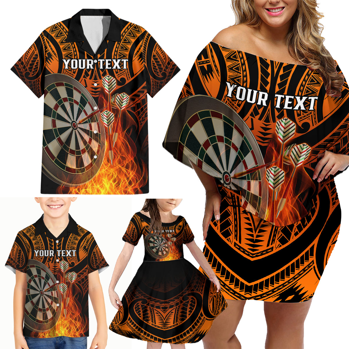 Personalised Polynesian Darts Family Matching Off Shoulder Short Dress and Hawaiian Shirt Fire Burning With Tribal Tattoo - Wonder Print Shop