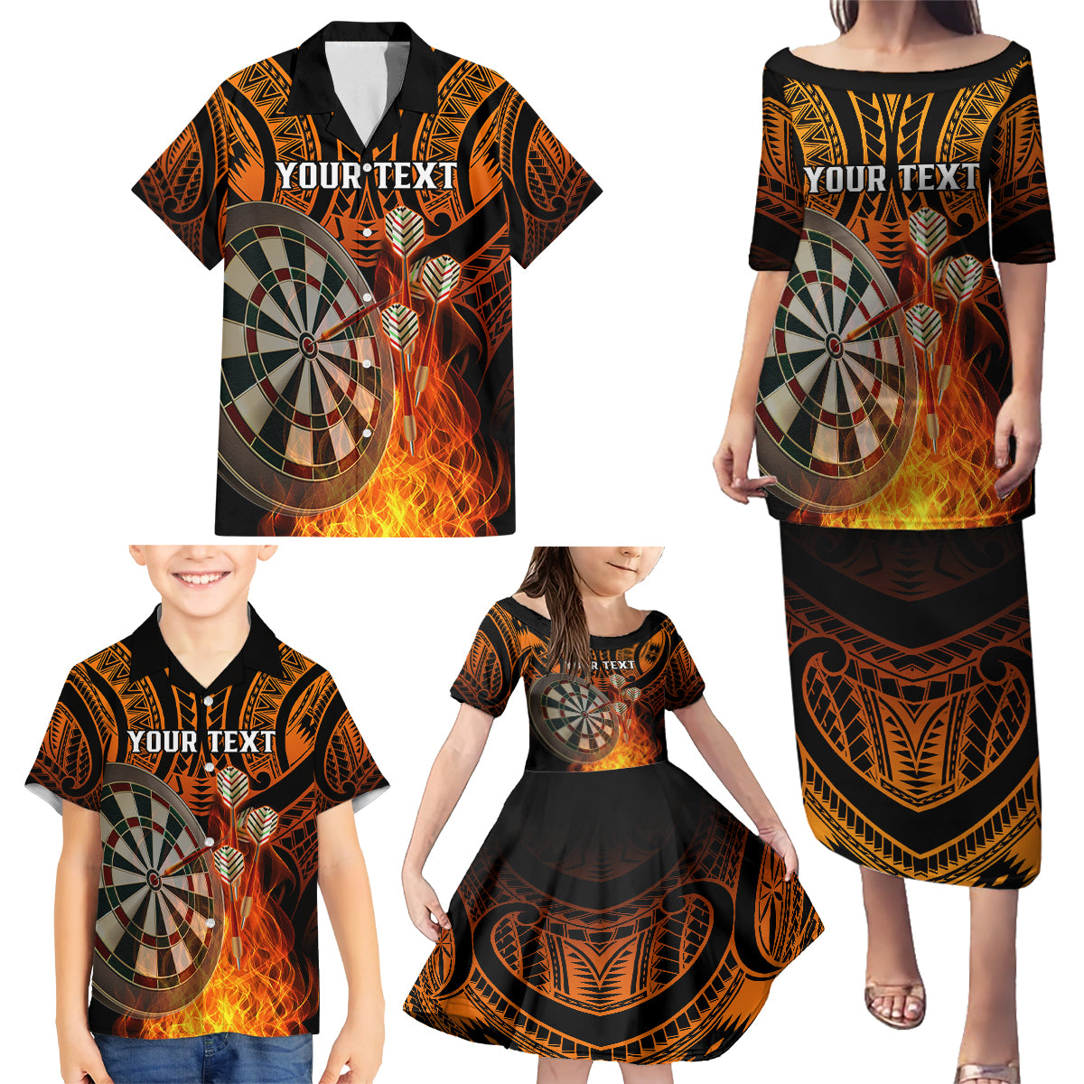 Personalised Polynesian Darts Family Matching Puletasi Dress and Hawaiian Shirt Fire Burning With Tribal Tattoo - Wonder Print Shop