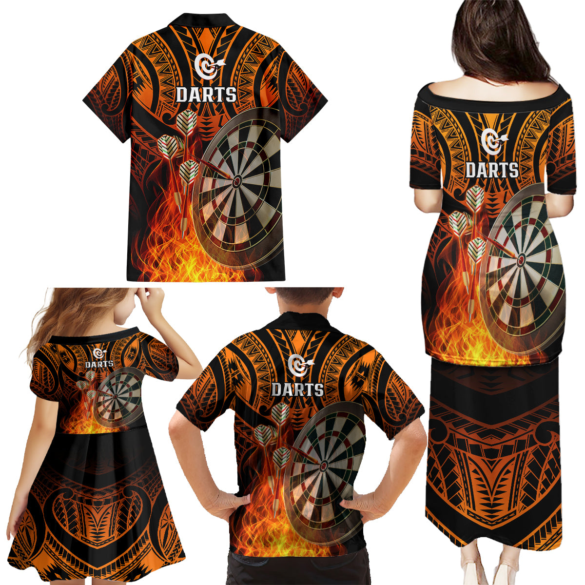 Personalised Polynesian Darts Family Matching Puletasi Dress and Hawaiian Shirt Fire Burning With Tribal Tattoo - Wonder Print Shop