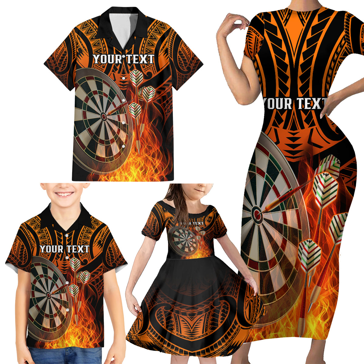 Personalised Polynesian Darts Family Matching Short Sleeve Bodycon Dress and Hawaiian Shirt Fire Burning With Tribal Tattoo - Wonder Print Shop