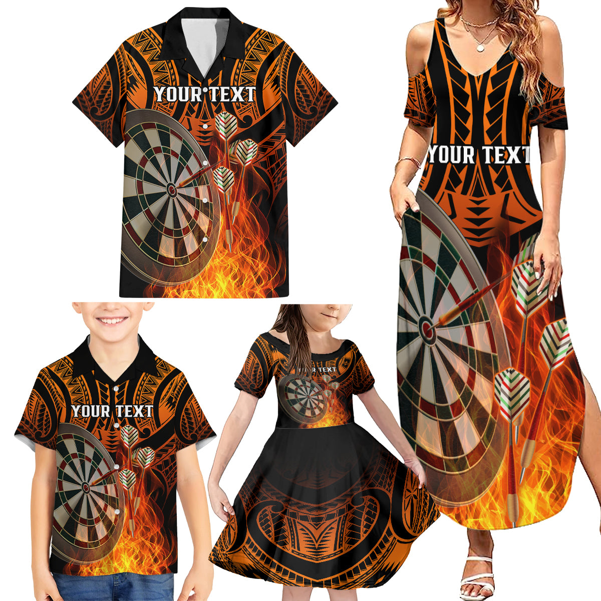 Personalised Polynesian Darts Family Matching Summer Maxi Dress and Hawaiian Shirt Fire Burning With Tribal Tattoo - Wonder Print Shop