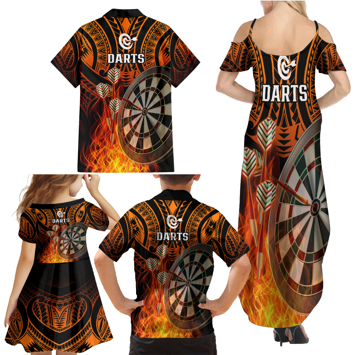 Personalised Polynesian Darts Family Matching Summer Maxi Dress and Hawaiian Shirt Fire Burning With Tribal Tattoo - Wonder Print Shop