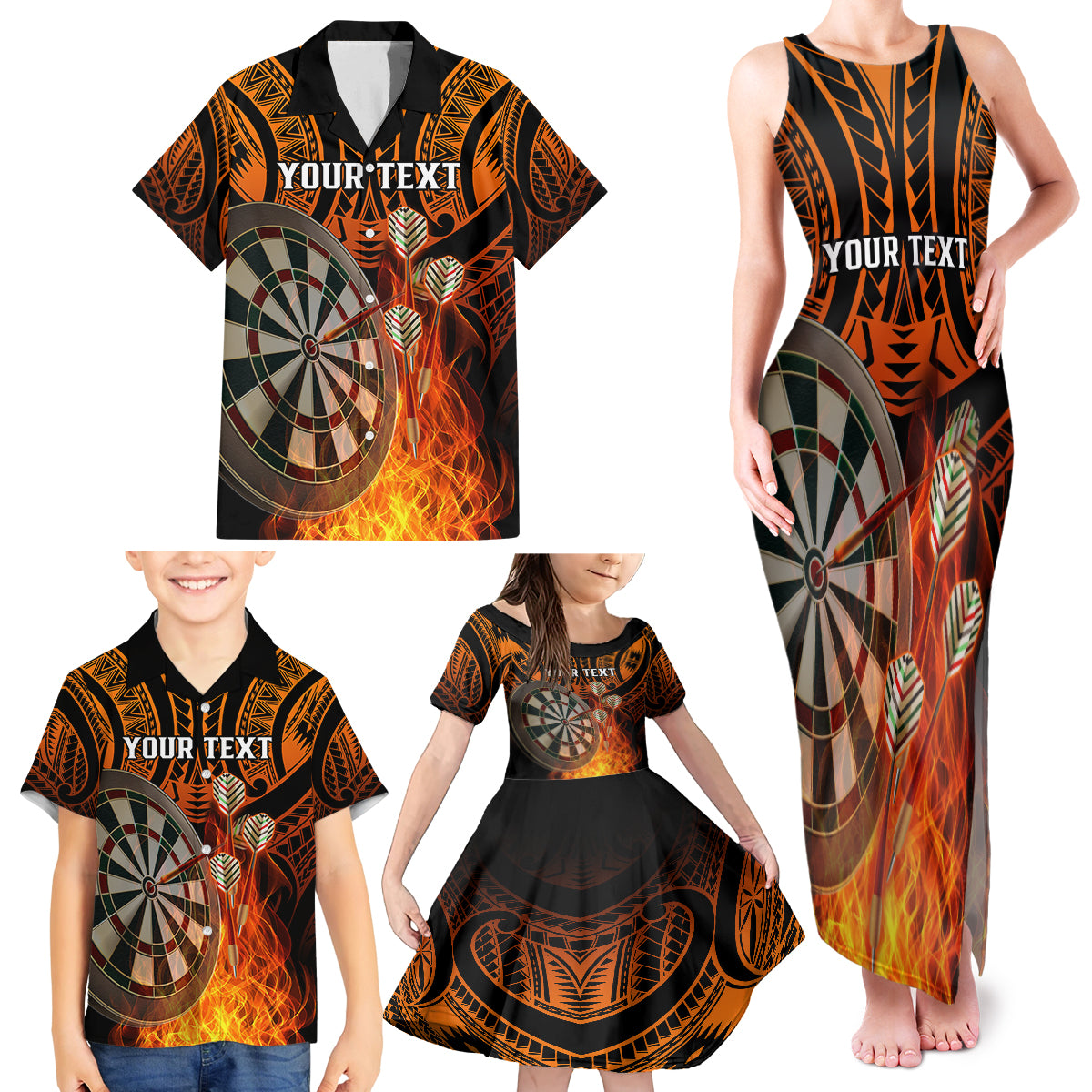 Personalised Polynesian Darts Family Matching Tank Maxi Dress and Hawaiian Shirt Fire Burning With Tribal Tattoo - Wonder Print Shop