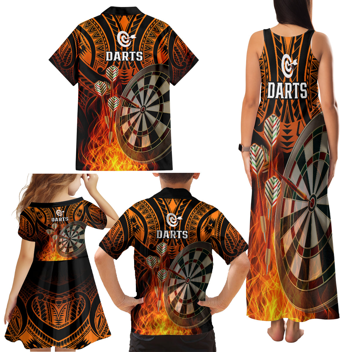 Personalised Polynesian Darts Family Matching Tank Maxi Dress and Hawaiian Shirt Fire Burning With Tribal Tattoo - Wonder Print Shop