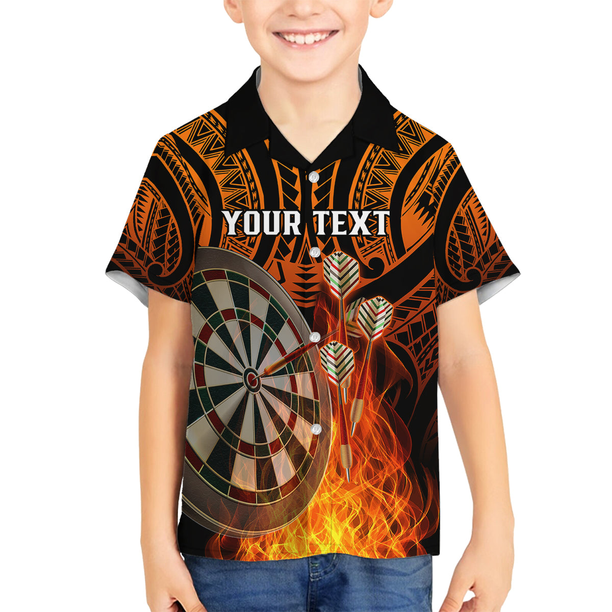 Personalised Polynesian Darts Kid Hawaiian Shirt Fire Burning With Tribal Tattoo - Wonder Print Shop