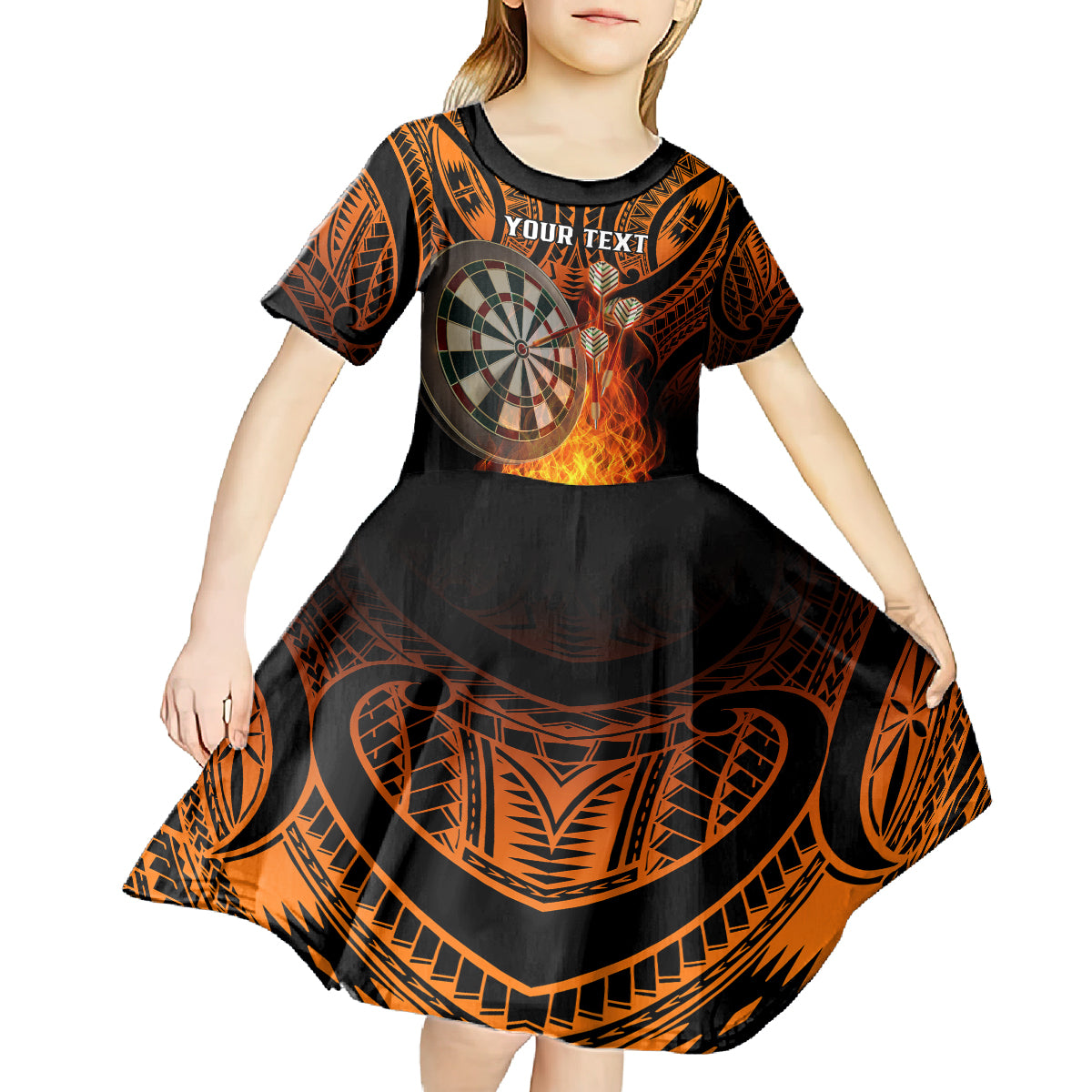 Personalised Polynesian Darts Kid Short Sleeve Dress Fire Burning With Tribal Tattoo - Wonder Print Shop