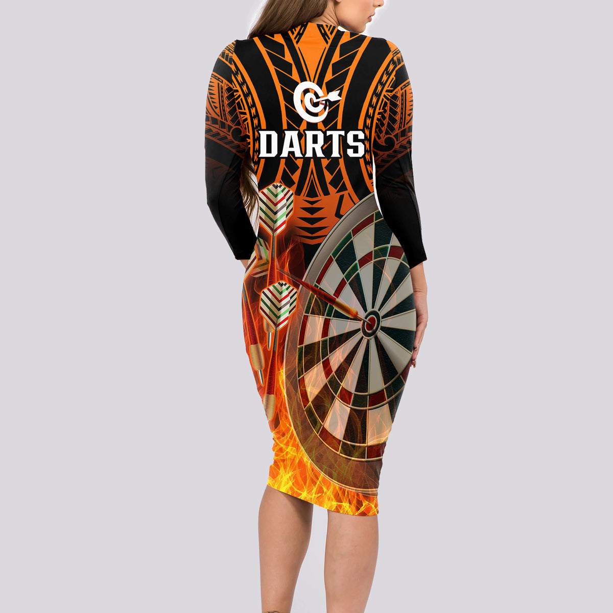 Personalised Polynesian Darts Long Sleeve Bodycon Dress Fire Burning With Tribal Tattoo - Wonder Print Shop