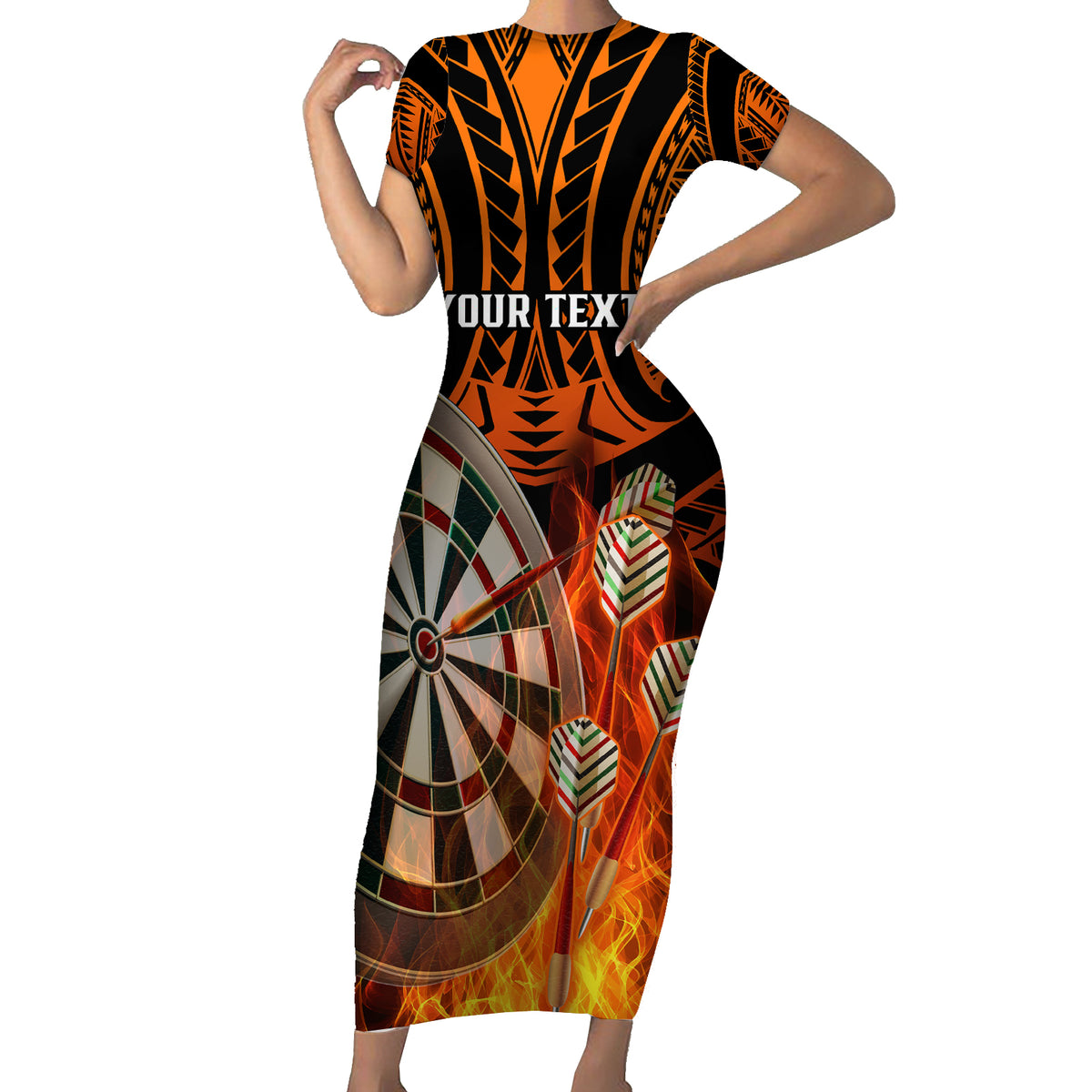 Personalised Polynesian Darts Short Sleeve Bodycon Dress Fire Burning With Tribal Tattoo - Wonder Print Shop